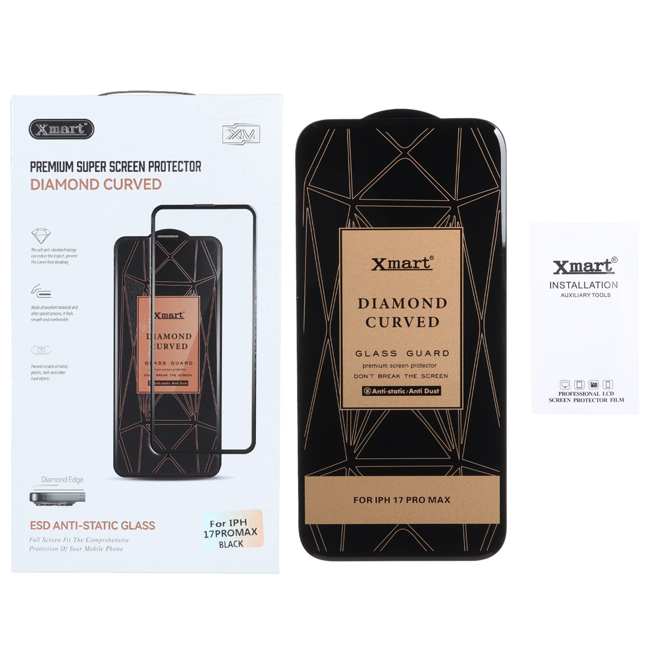 محافظ صفحه نمایش شیشه ای Xmart مدل Diamond Curved مناسب برای اپل iphone 17 pro max