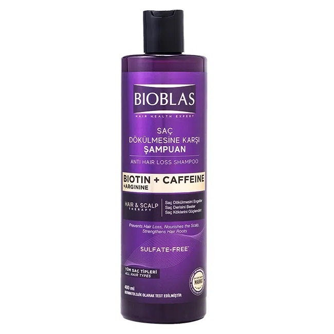 شامپو ضد ریزش مو بیوبلاس bioblas مدل biotin and caffeine حجم 400 میلی لیتر